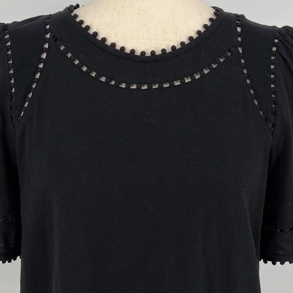 Boden Womens Mila Pom Pom Trim Short Puff Sleeve Top Size 8 Black Cotton Boho